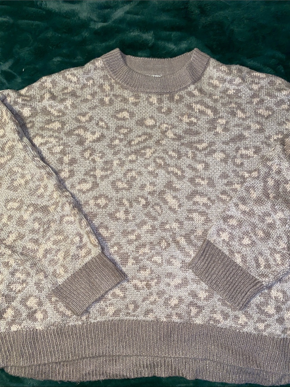 aerie Women's Crewneck Leopard-Print Sweater in Taupe and Cream